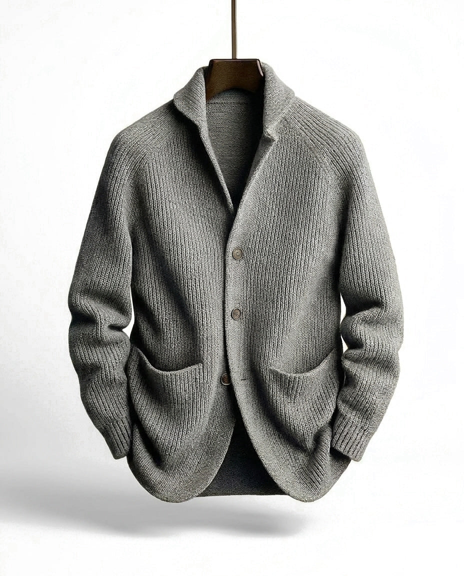 Men's ribbed knit cardigan with shawl collar and buttons, view 4 - Elena Harper
