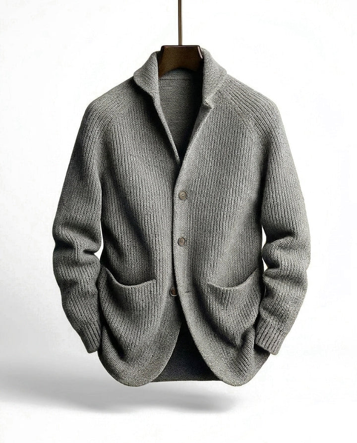 Men's ribbed knit cardigan with shawl collar and buttons, view 4 - Elena Harper