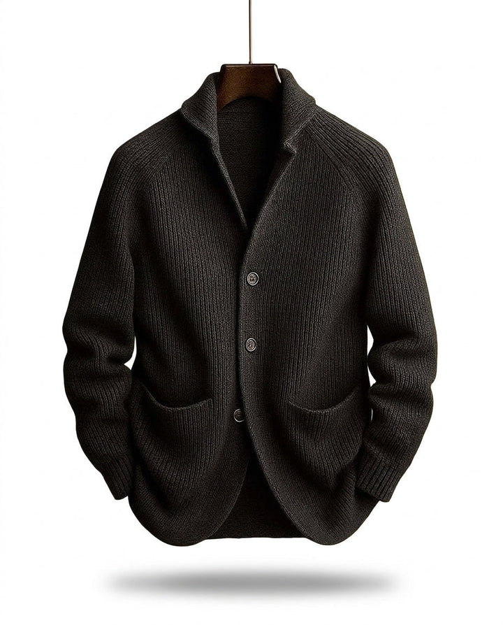 Men's ribbed knit cardigan with shawl collar and buttons, view 2 - Elena Harper