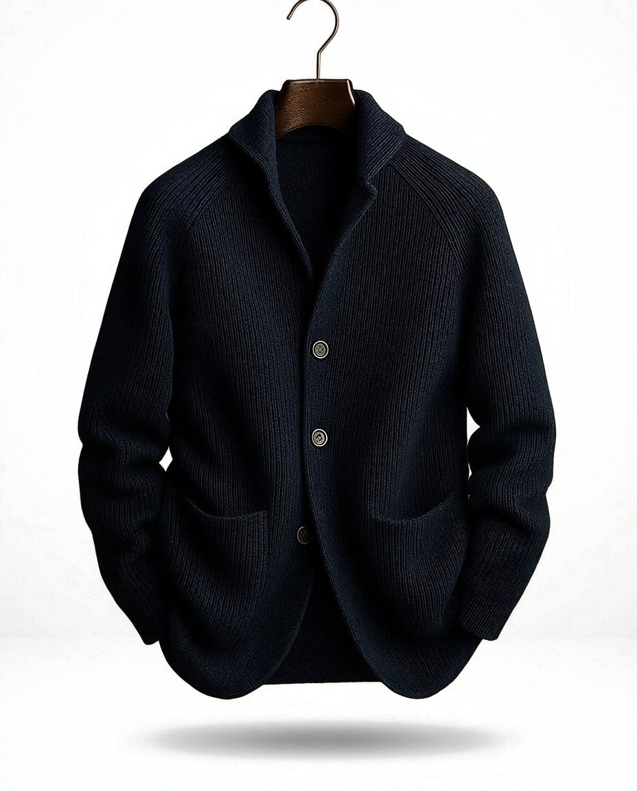 Men's ribbed knit cardigan with shawl collar and buttons, view 3 - Elena Harper