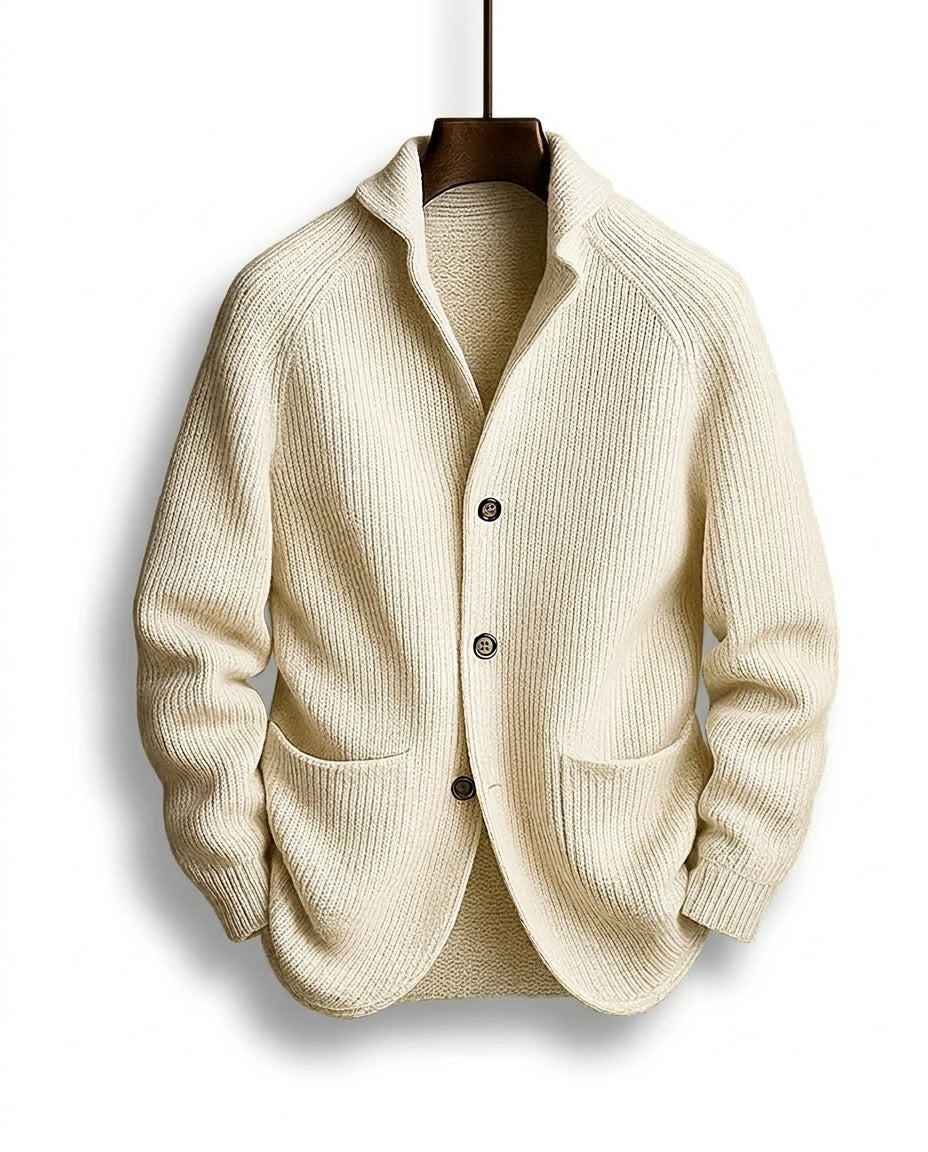 Men's ribbed knit cardigan with shawl collar and buttons, view 5 - Elena Harper