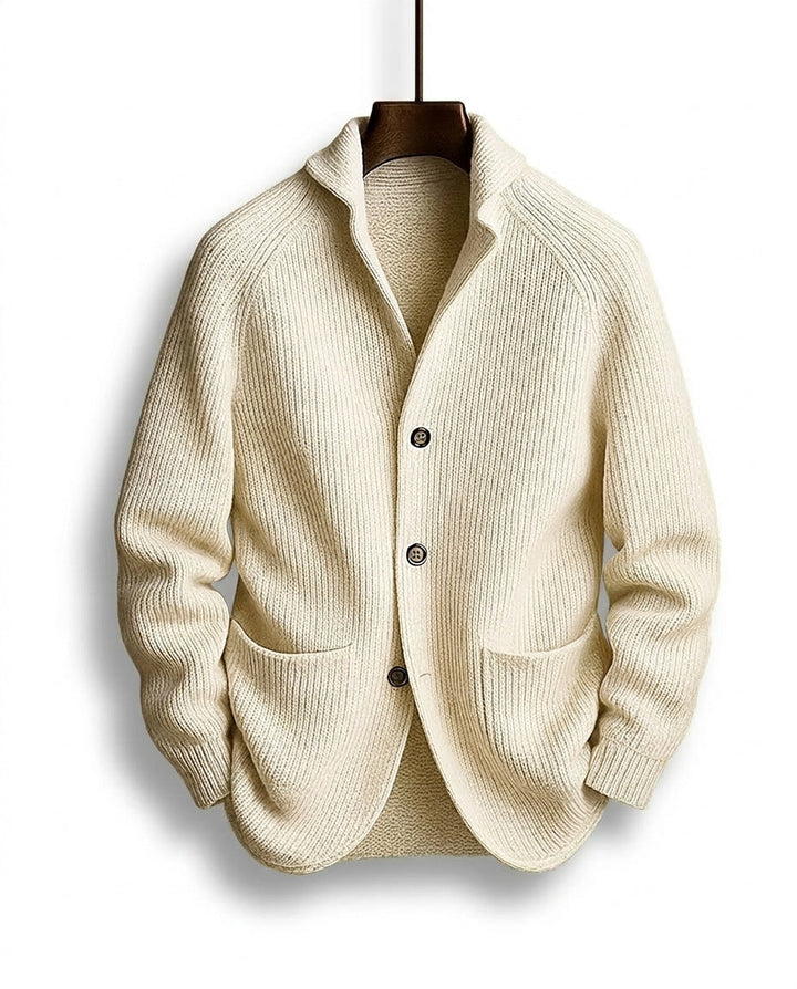 Men's ribbed knit cardigan with shawl collar and buttons, view 5 - Elena Harper