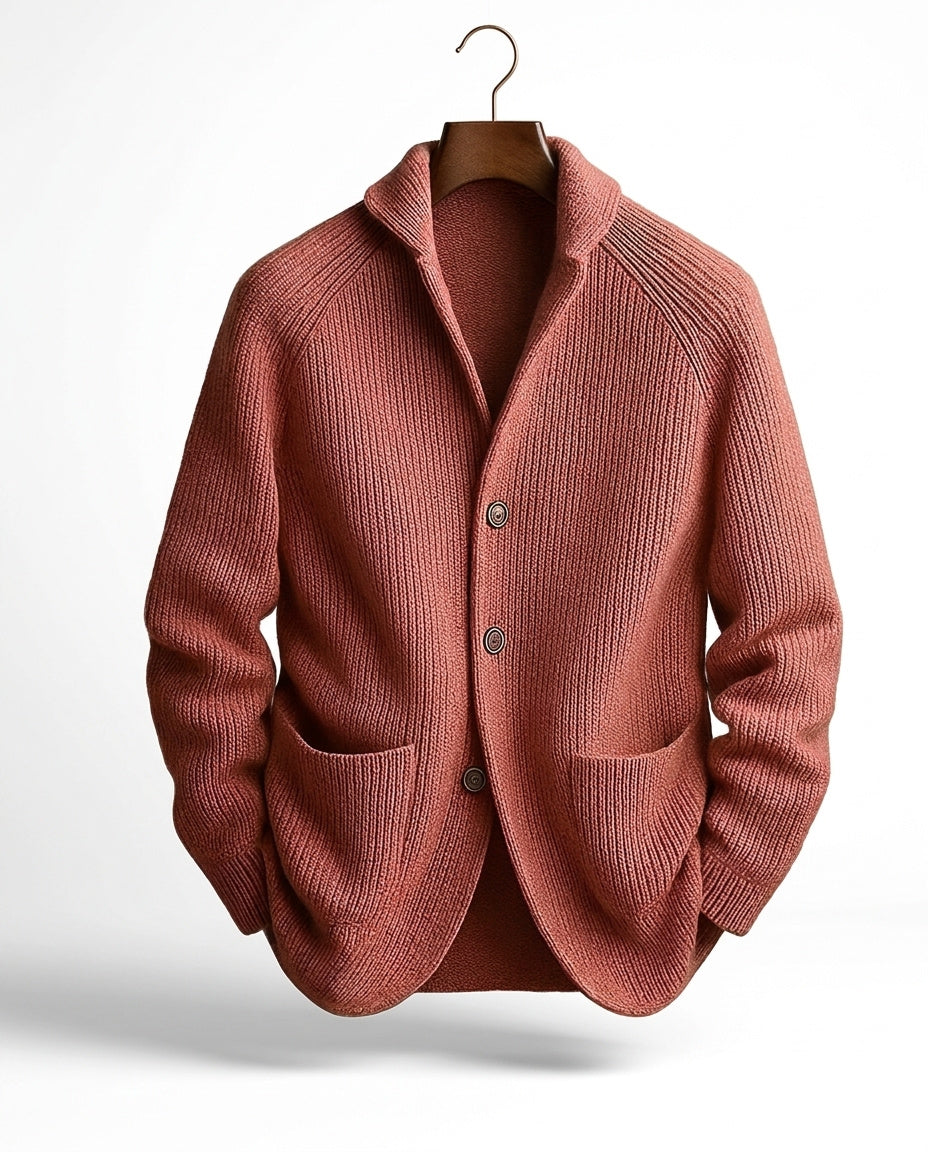 Men's ribbed knit cardigan with shawl collar and buttons, view 6 - Elena Harper
