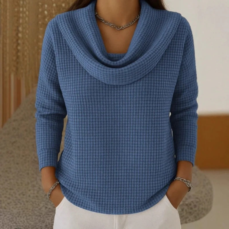 Almeke Women's Knit Sweater with Waterfall Collar and Waffle Structure, view 2 - Elena Harper