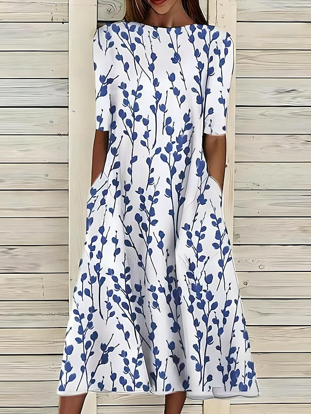 Summer Midi Dress with Round Neck and Coastal Floral Print, view 2 - Elena Harper