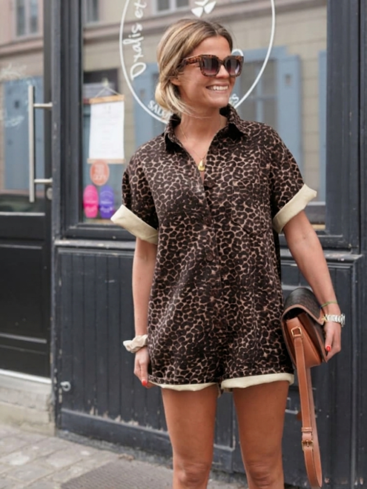 Animal Print Button-Up Romper for Women - Collared - Cuffed Sleeve