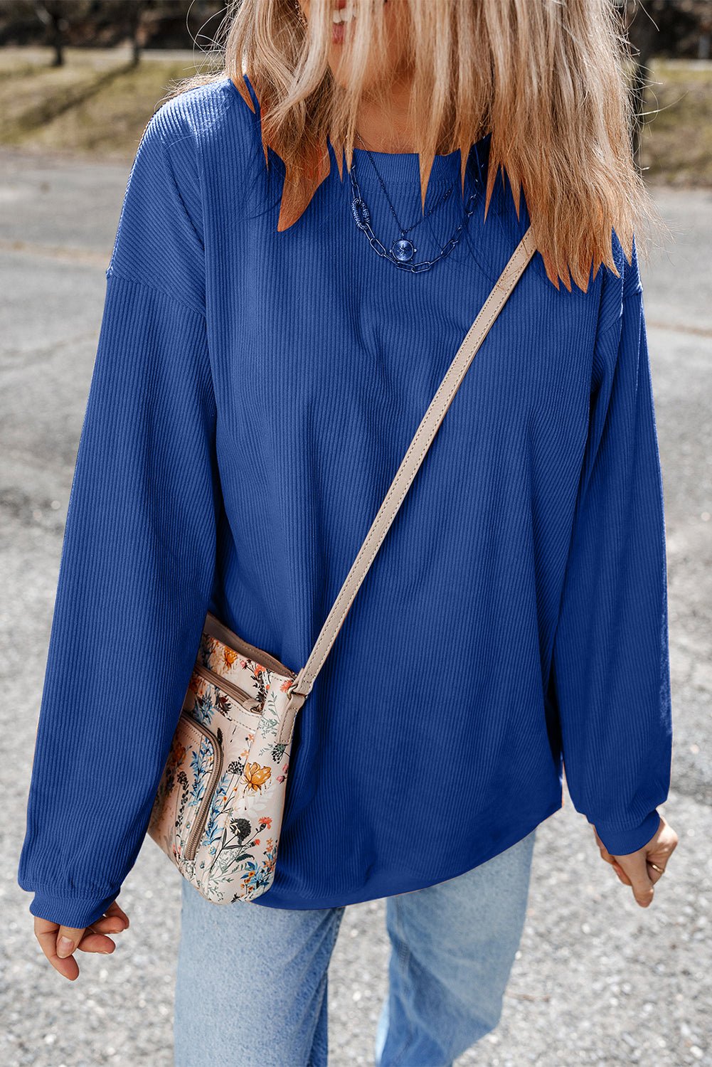 Apricot Drop Shoulder Rib Knit Oversized Sweatshirt