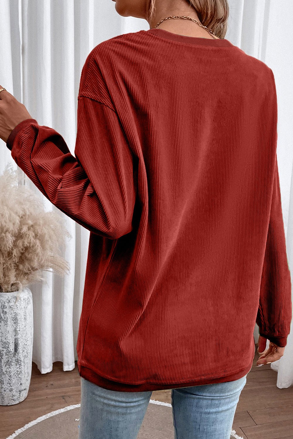Apricot Drop Shoulder Rib Knit Oversized Sweatshirt