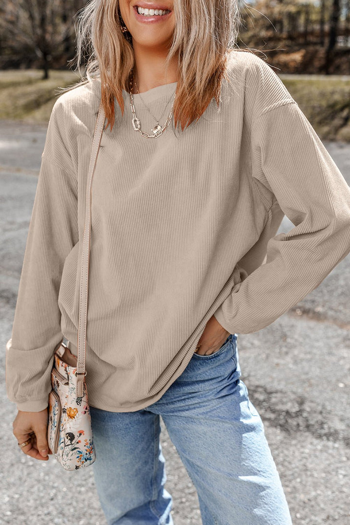 Apricot Drop Shoulder Rib Knit Oversized Sweatshirt