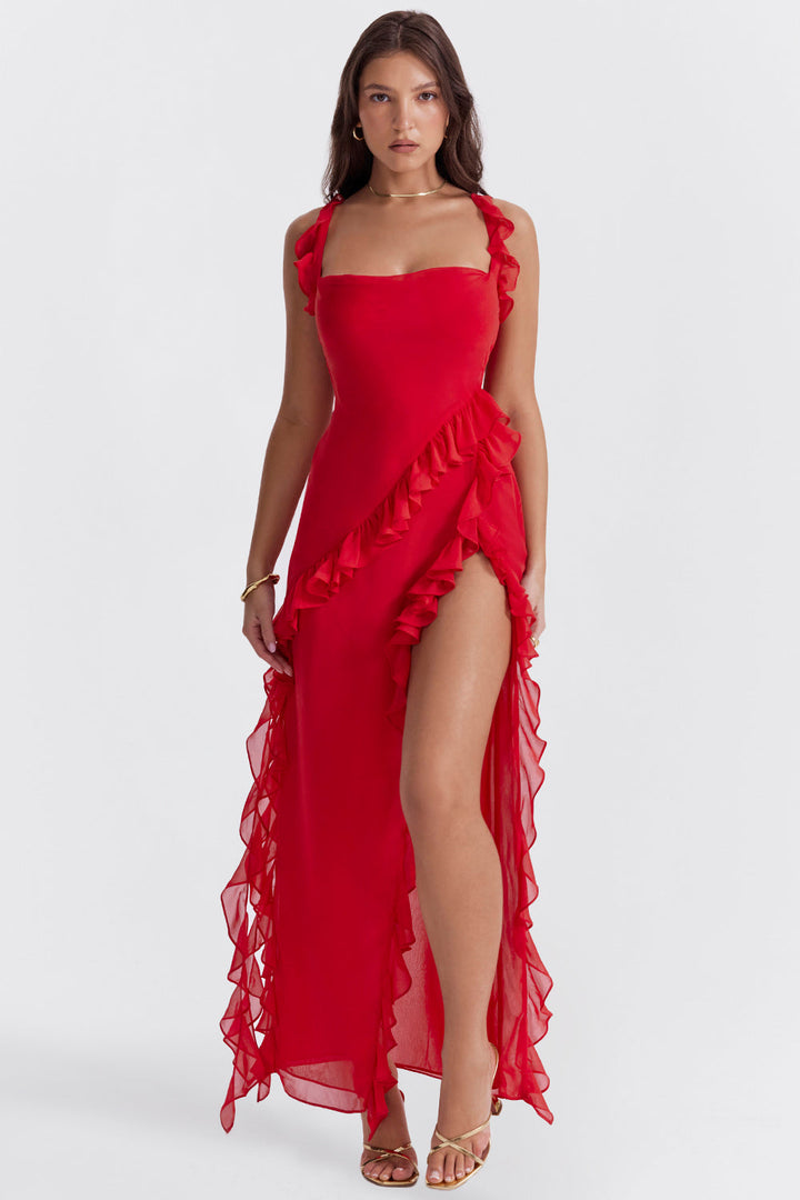 Long Dress with Ruffles and Front Slit | Ideal for Spring and Summer