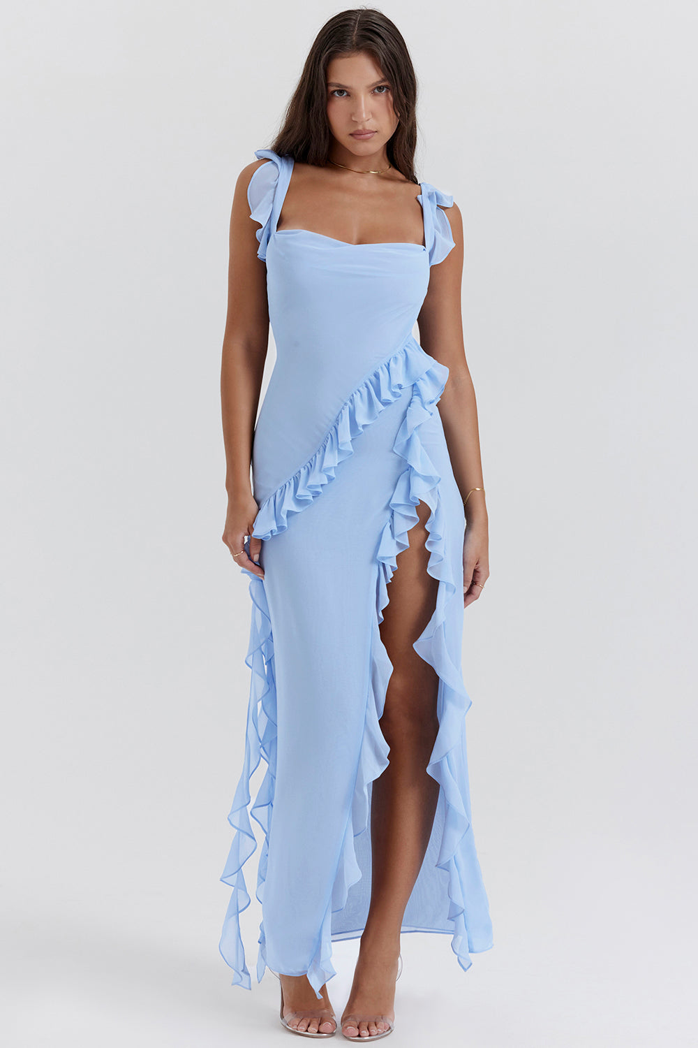 Long Dress with Ruffles and Front Slit | Ideal for Spring and Summer