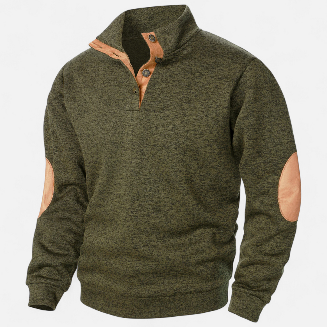 Men’s Knitted Jumper | Stand Collar Half Button Pullover With Elbow Patches