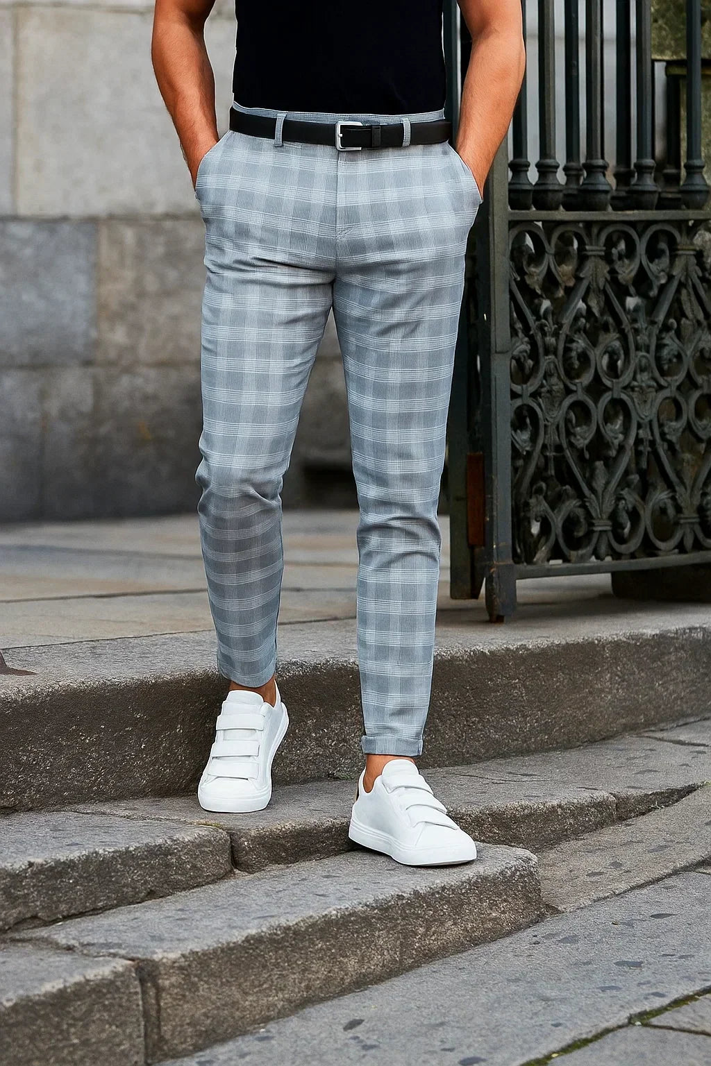 Men's Checkered Trousers with Slim Fit and Stretch