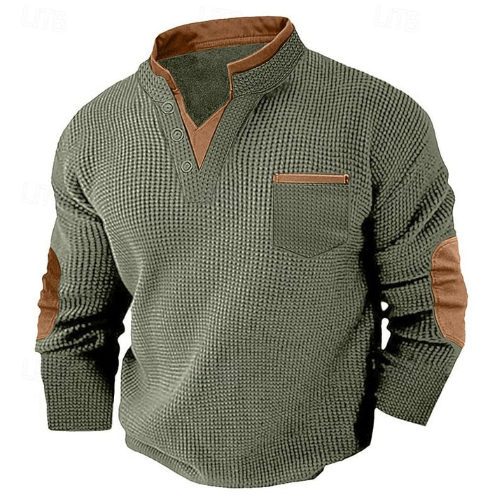 Russell Textured Waffle Henley Shirt, view 3 - Elena Harper