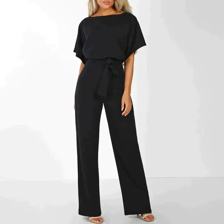 Elegant belted short-sleeve jumpsuit with wide legs for women – Flattering and chic lightweight one-piece outfit