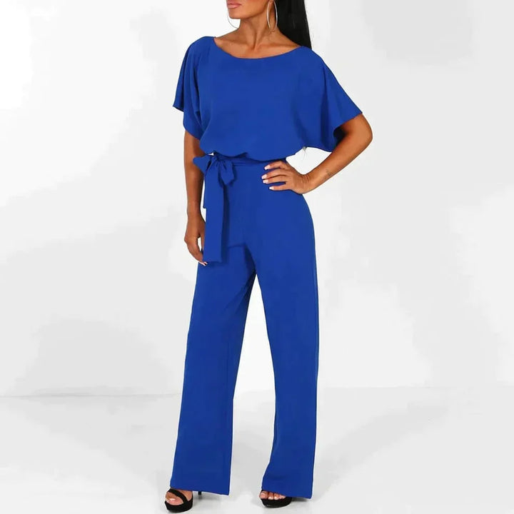 Elegant belted short-sleeve jumpsuit with wide legs for women – Flattering and chic lightweight one-piece outfit