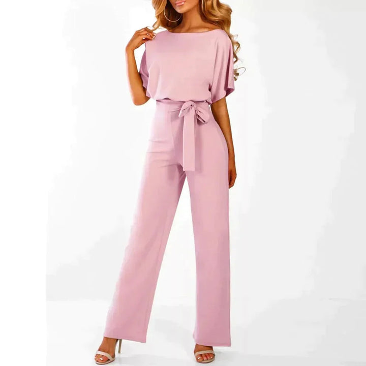 Elegant belted short-sleeve jumpsuit with wide legs for women – Flattering and chic lightweight one-piece outfit