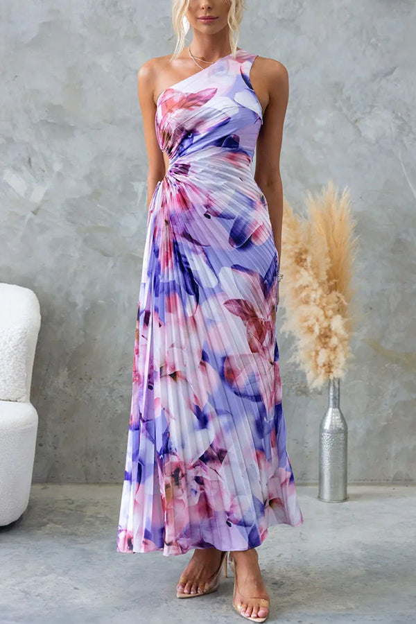 Women's Floral Print One Shoulder Pleated Maxi Dress