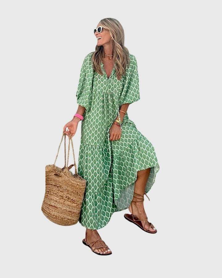 Sarah™ Boho Maxi Dress by Emma & Rose Cape Town, flowing bohemian style with vibrant patterns and lightweight fabric.