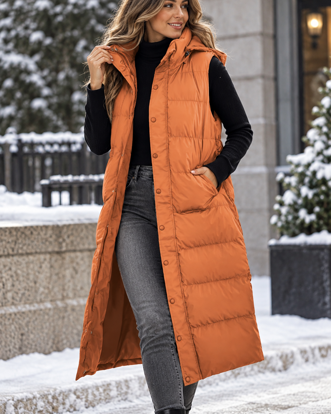 Eveline Long Padded Vest with Hood, view 3 - Elena Harper