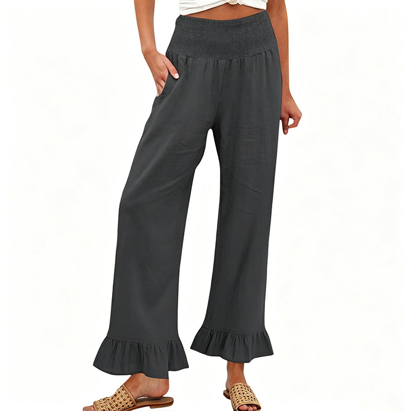 Wide Leg Women's Smocked Waist Cotton Linen Ruffled Bottom Boho Pants