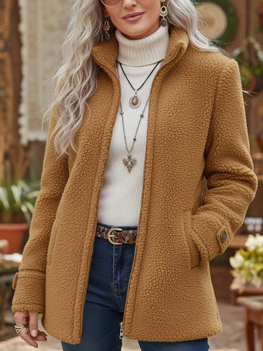 Women's Zip-Up Fleece Effect Jacket – Comfortable Mid-Length Warm Coat
