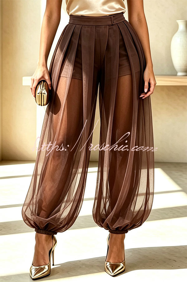 Semi-sheer Mesh Solid Color Mid Rise Patchwork Loose Lantern Pants