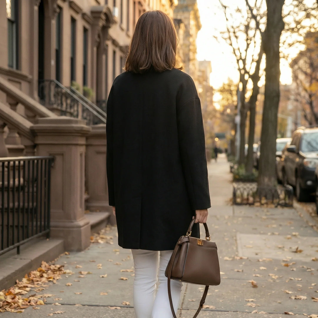 Women’s Winter Coat Collarless Midi Length with Buttons, view 2 - Elena Harper