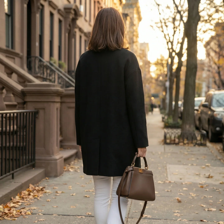 Women’s Winter Coat Collarless Midi Length with Buttons, view 2 - Elena Harper