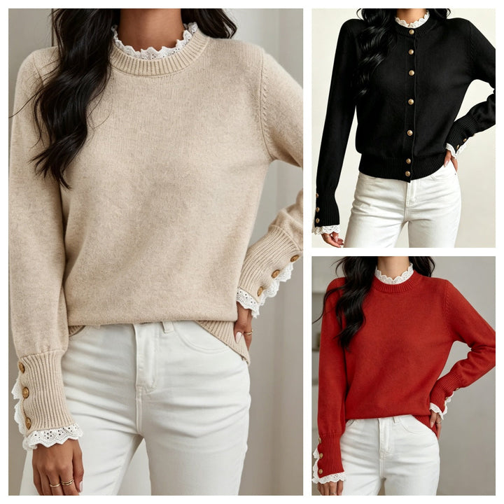 Women's Round Neck Lace Knit Sweater Elegant and Comfortable - Elena Harper