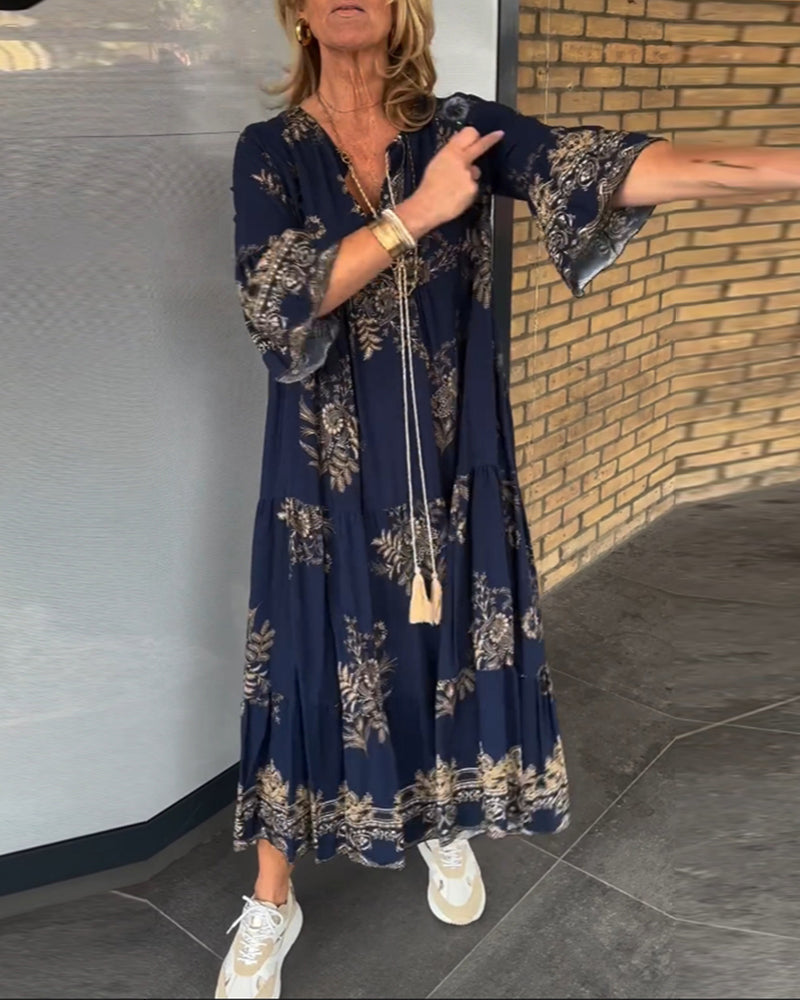 Nora Vintage Loose V-Neck Midi Dress - Elena Harper