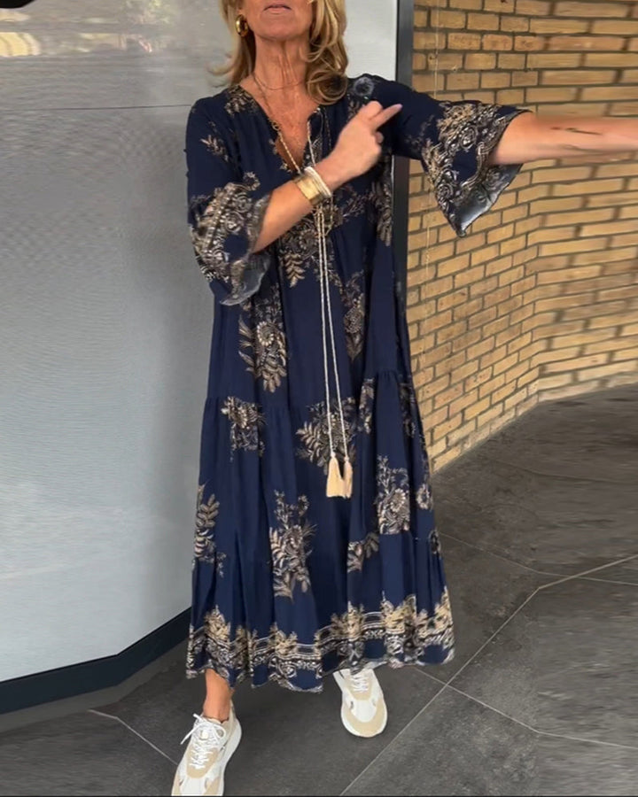 Nora Vintage Loose V-Neck Midi Dress - Elena Harper