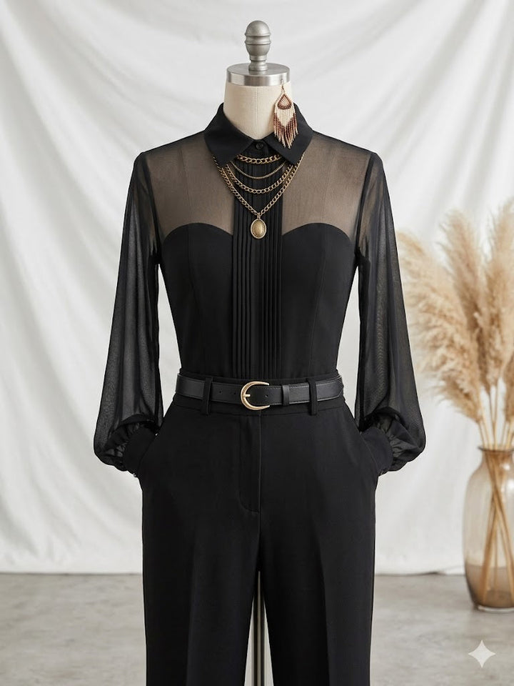 Women's Solid-color Shirt-collar Long-sleeve Loose Casual Top