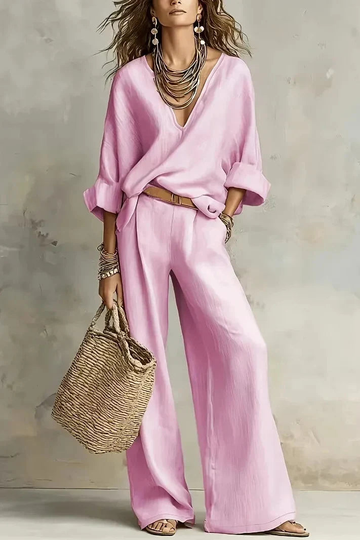 Fluid Women's Ensemble with V-Neck and Wide Pants