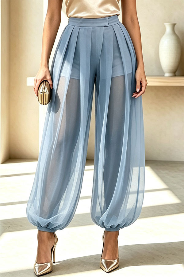 Semi-sheer Mesh Solid Color Mid Rise Patchwork Loose Lantern Pants