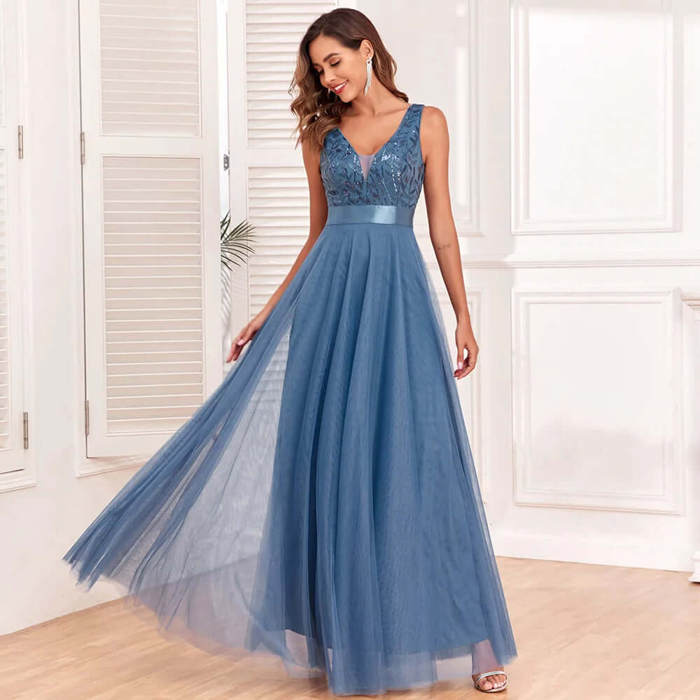 Women's Embroidered V-Neck Evening Gown