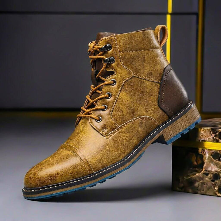 Adrian Striking Two-Tone Leather Boots with Elegant Craftsmanship, view 3 - Elena Harper