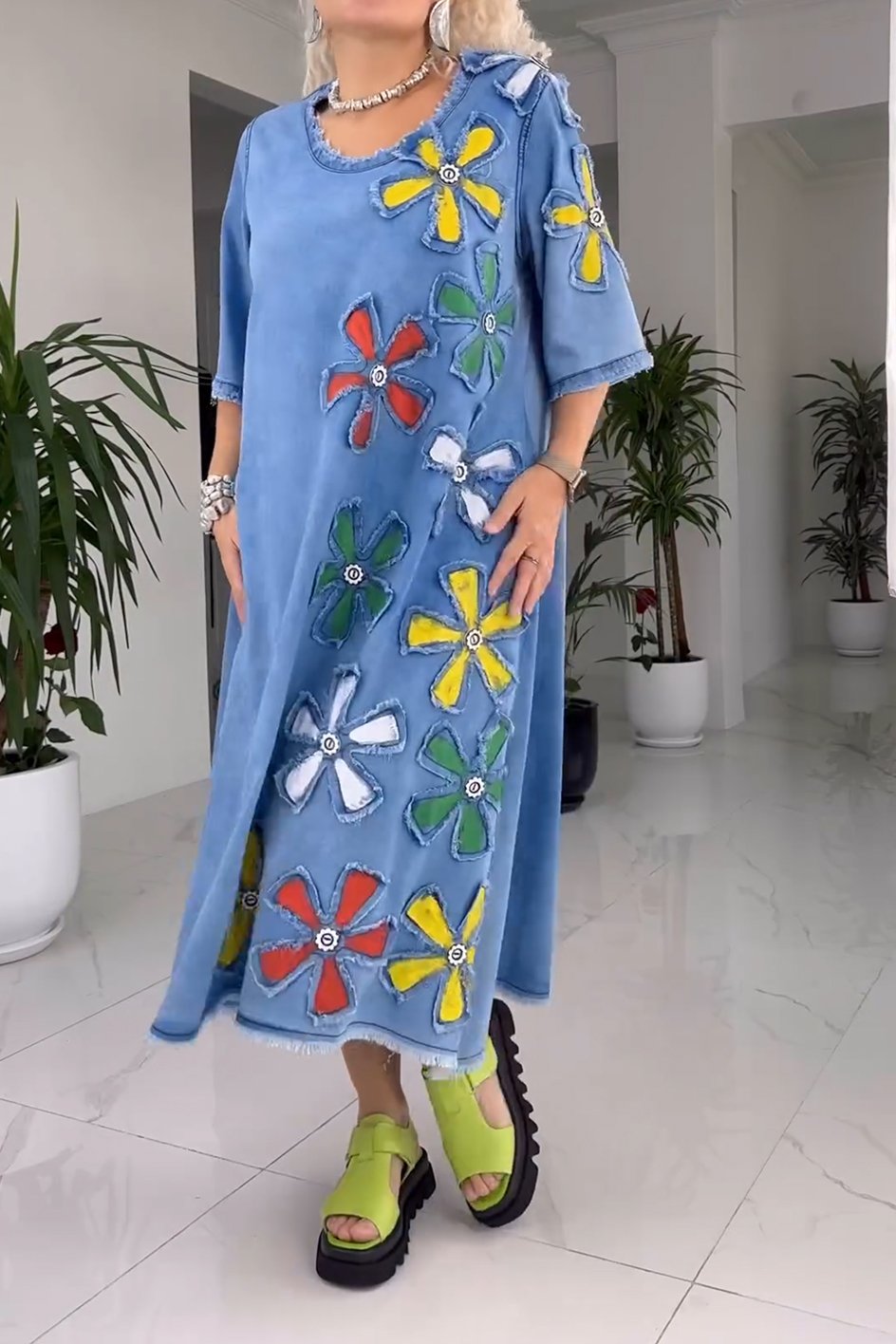 Women's Floral Maxi Dress - Denim Style for Elegance