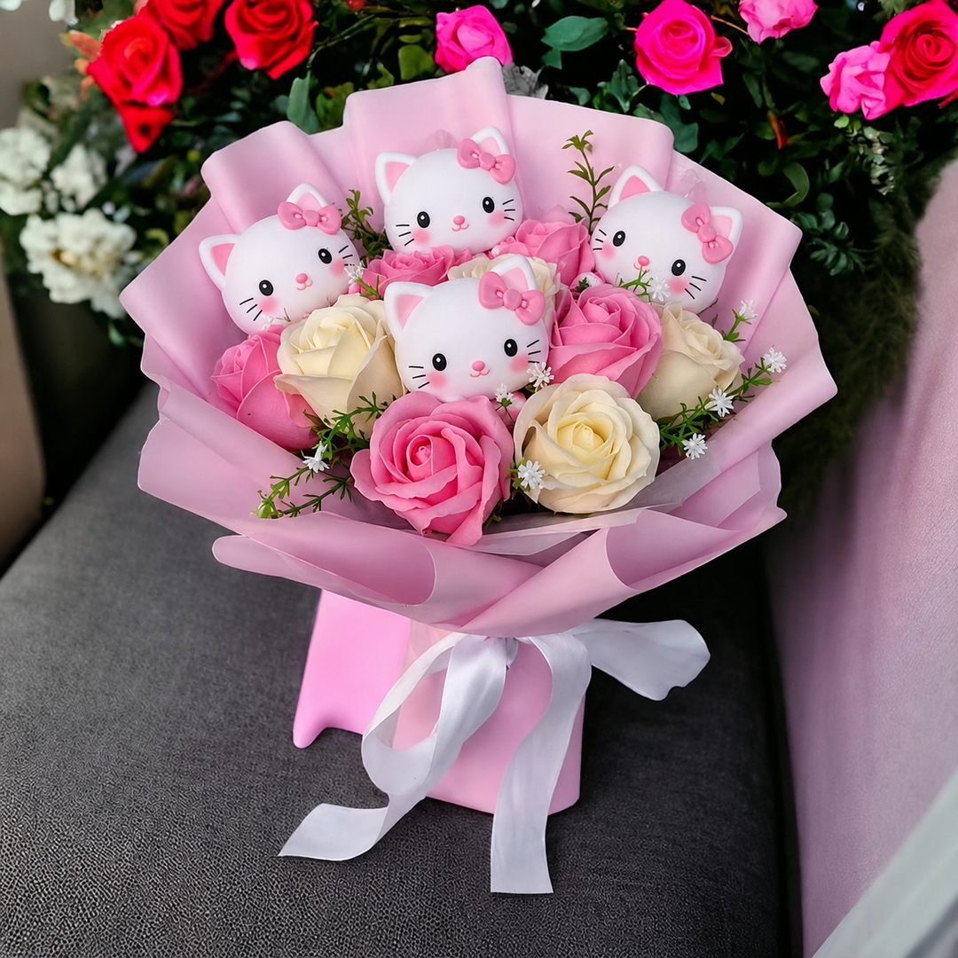 Colourful Synthetic Flower Bouquet With Kitty Figurines For Gifts And Decoration, view 3 - Elena Harper