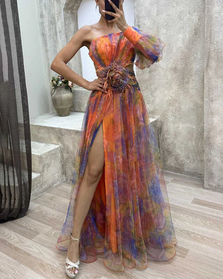 Cecelia Elegant Dress with Asymmetrical Sleeve and Opening, view 8 - Elena Harper
