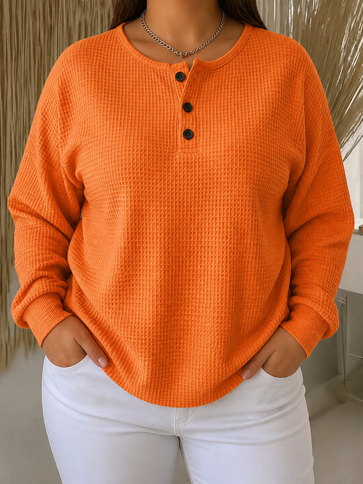Women's Waffle Henley Sweatshirt with Button Placket - Elena Harper