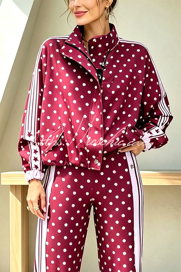 Lucienne Polka Dot Striped Star Print Zipper High Neck Pocket Sporty Jacket