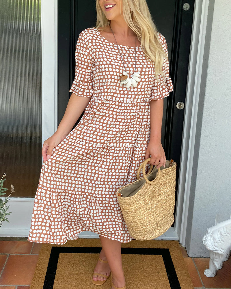 Women's Midi Dress with Round Neck and Polka Dot Print