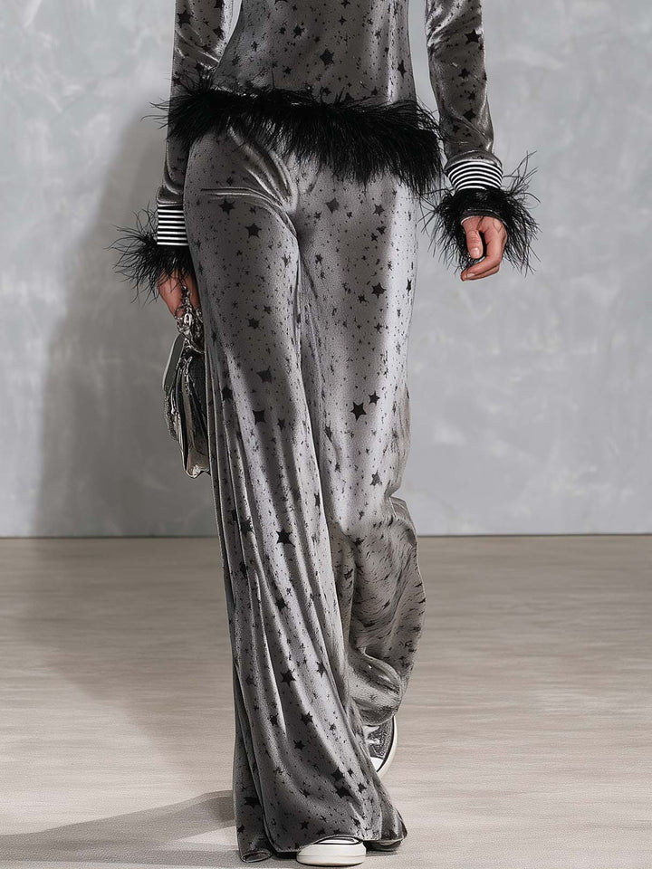 Retro Glam Star Print Grey Velvet Feather Trim Turtleneck Wide-Leg Pants Set, view 8 - Elena Harper