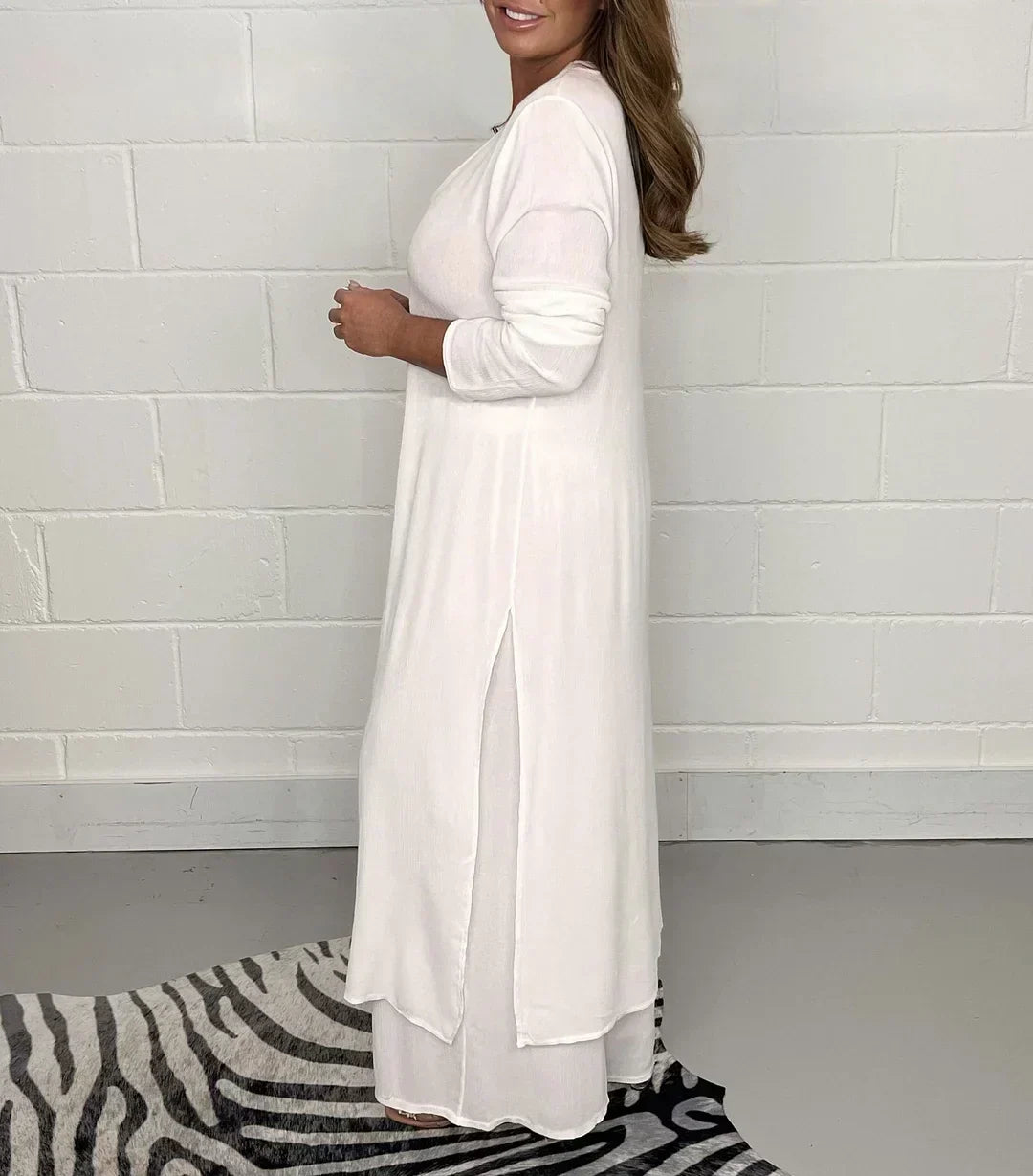 Women's Long Sleeve V-Neck Slit Top & Pants Set Relaxed Fit, view 3 - Elena Harper