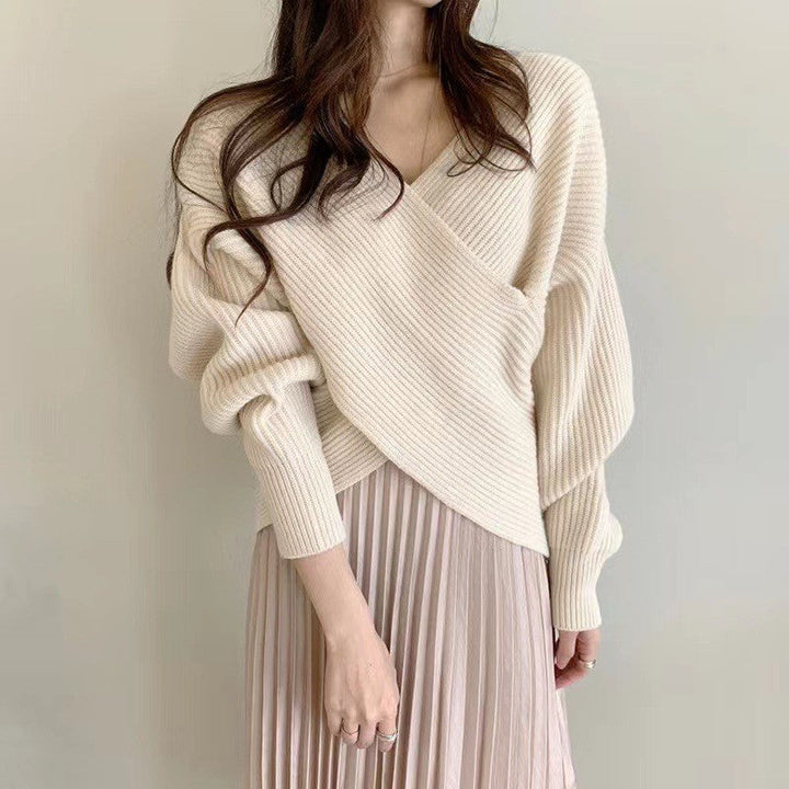 Women's Sweater with V-Neck and Exposed Shoulders - Soft and Modern