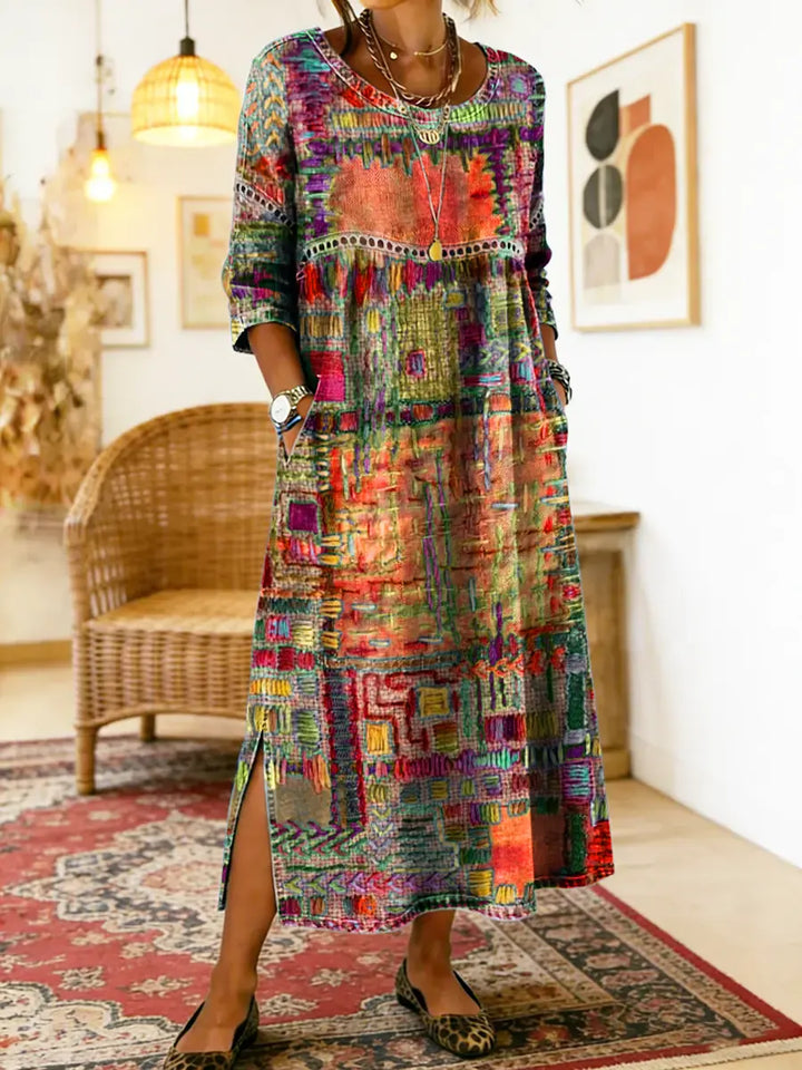 Manuela Denim Dress with Ethnic Patchwork, view 8 - Elena Harper