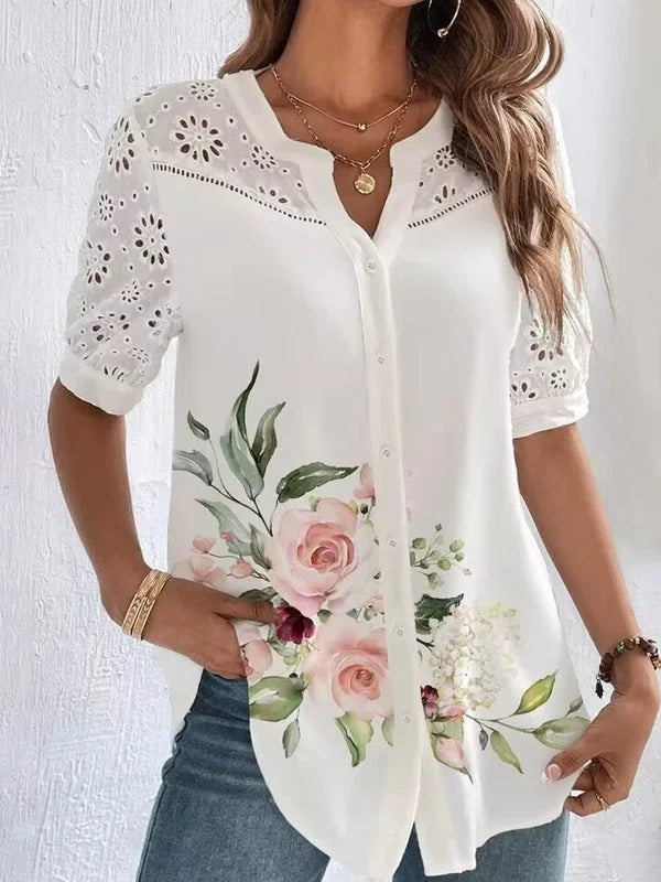 Mavi Short-Sleeved Shirt with Floral Pattern, view 6 - Elena Harper