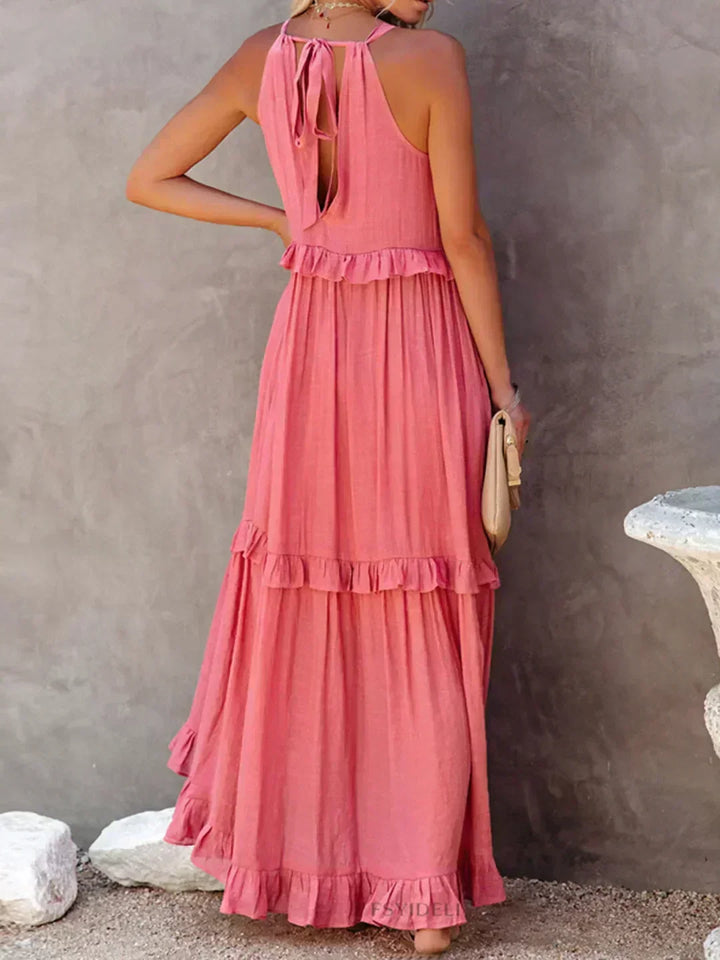 Delilah Elegant Halter Neck Ruffle Trim Dress - Elena Harper