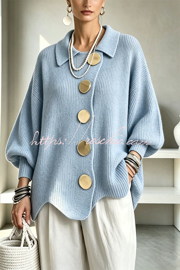Shelia Knit Oversized Metal Buckle Balloon Sleeve Lapel Cardigan (Shipped Within 24 Hours), view 6 - Elena Harper